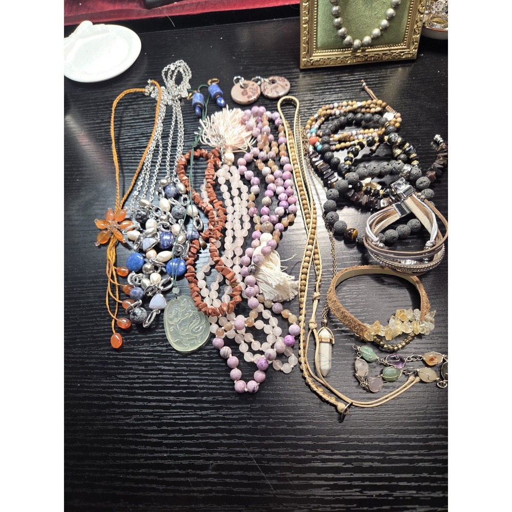 Crystal Jewelry Lot 18pc Rose Quartz Jasper Lapis Lava Stone Necklace Bracelet